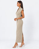Kelley | Women's Tailored Stand Collar Deep V Neck Cap Sleeve Maxi Dress
