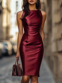 Kenzee | Women's Boat Neck Sleeveless Seamed Front Satin Knee Length Dress