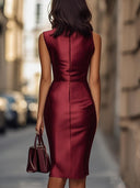 Kenzee | Women's Boat Neck Sleeveless Seamed Front Satin Knee Length Dress