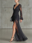 Kerensa | Women's Long Bell Sleeves Floral Lace Maxi Evening Dress