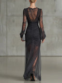 Kerensa | Women's Long Bell Sleeves Floral Lace Maxi Evening Dress