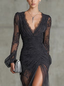 Kerensa | Women's Long Bell Sleeves Floral Lace Maxi Evening Dress