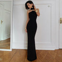 Khaleesi | Women's High Neck Halter Sleeveless Front Accent Back Slit Maxi Dress