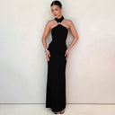 Khaleesi | Women's High Neck Halter Sleeveless Front Accent Back Slit Maxi Dress