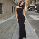 Khaleesi | Women's High Neck Halter Sleeveless Front Accent Back Slit Maxi Dress