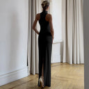 Khaleesi | Women's High Neck Halter Sleeveless Front Accent Back Slit Maxi Dress