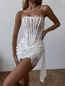 Khloe | Women's Strapless Boned Front Lace Up Back Floral Lace Mini Dress