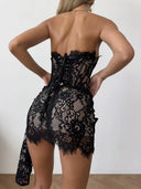 Khloe | Women's Strapless Boned Front Lace Up Back Floral Lace Mini Dress