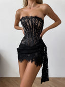 Khloe | Women's Strapless Boned Front Lace Up Back Floral Lace Mini Dress