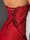 Khloe | Women's Strapless Boned Front Lace Up Back Floral Lace Mini Dress