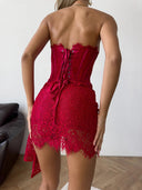 Khloe | Women's Strapless Boned Front Lace Up Back Floral Lace Mini Dress