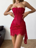 Khloe | Women's Strapless Boned Front Lace Up Back Floral Lace Mini Dress