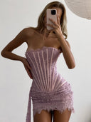 Khloe | Women's Strapless Boned Front Lace Up Back Floral Lace Mini Dress