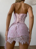 Khloe | Women's Strapless Boned Front Lace Up Back Floral Lace Mini Dress