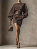 Kianna | Women's Boat Neck Balloon Sleeve Belted Textured Mini Dress