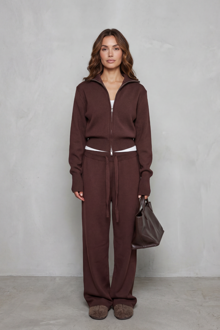 Kimber | Women's Zip Front Collar Knit Two Piece Set Loungeset