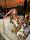 Kimberley | Women's Cowl Neck Spaghetti Strap Draped Back Metallic Maxi Dress