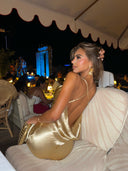 Kimberley | Women's Cowl Neck Spaghetti Strap Draped Back Metallic Maxi Dress