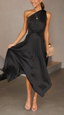 Kori | Women's One-Shoulder Pleated Midi Wedding Guest Dress