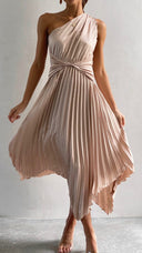 Kori | Women's One-Shoulder Pleated Midi Wedding Guest Dress