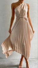Kori | Women's One-Shoulder Pleated Midi Wedding Guest Dress
