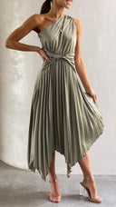 Kori | Women's One-Shoulder Pleated Midi Wedding Guest Dress