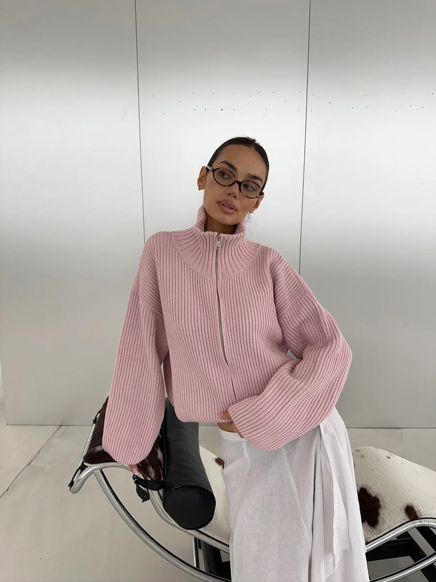 Kristina | Women's Oversized Ribbed Half Zip Knit Sweater Cardigan