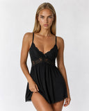 Leanne | Women's Lace Babydoll Deep V Neck Spaghetti Strap Nightdress with Flared Hem