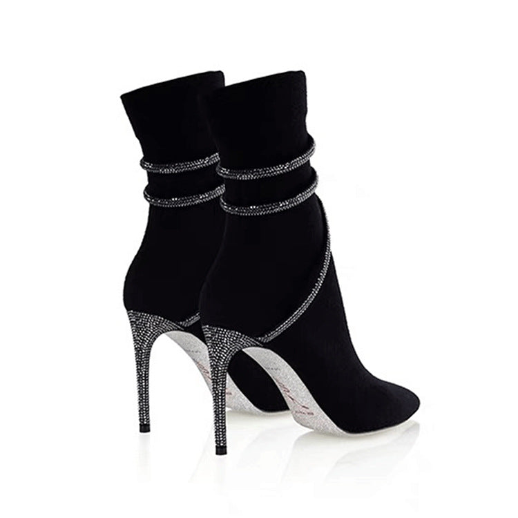 Lilou | Women's Pointed Toe Wrap Strap Stiletto Rhinestone Ankle Boots