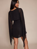 Linette | Women's Boat Neck Sheer Cape Sleeve Draped Overlay Mini Dress