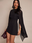 Linette | Women's Boat Neck Sheer Cape Sleeve Draped Overlay Mini Dress