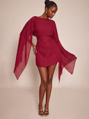Linette | Women's Boat Neck Sheer Cape Sleeve Draped Overlay Mini Dress