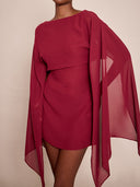 Linette | Women's Boat Neck Sheer Cape Sleeve Draped Overlay Mini Dress