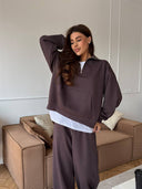 Lisette | Women's Half Zip Long Sleeve Wide Leg Pants Two Piece Sweat Set