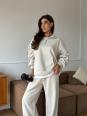 Lisette | Women's Half Zip Long Sleeve Wide Leg Pants Two Piece Sweat Set
