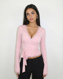 Lizzie | Women's Lace Trim V Neck Long Sleeve Wrap Top with Side Tie