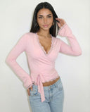 Lizzie | Women's Lace Trim V Neck Long Sleeve Wrap Top with Side Tie