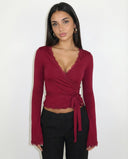 Lizzie | Women's Lace Trim V Neck Long Sleeve Wrap Top with Side Tie