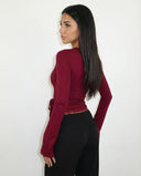 Lizzie | Women's Lace Trim V Neck Long Sleeve Wrap Top with Side Tie