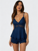 Luisa | Women's V Neck Lace Trim Spaghetti Strap Pajama Set with Shorts
