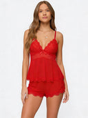 Luisa | Women's V Neck Lace Trim Spaghetti Strap Pajama Set with Shorts