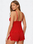 Luisa | Women's V Neck Lace Trim Spaghetti Strap Pajama Set with Shorts