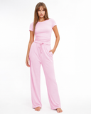 Lynda | Women's Crew Neck Short Sleeve Pajama Set with Drawstring Wide Leg Pants