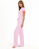 Lynda | Women's Crew Neck Short Sleeve Pajama Set with Drawstring Wide Leg Pants