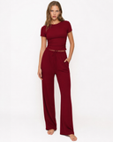 Lynda | Women's Crew Neck Short Sleeve Pajama Set with Drawstring Wide Leg Pants