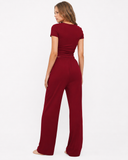 Lynda | Women's Crew Neck Short Sleeve Pajama Set with Drawstring Wide Leg Pants