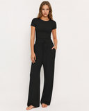 Lynda | Women's Crew Neck Short Sleeve Pajama Set with Drawstring Wide Leg Pants