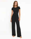 Lynda | Women's Crew Neck Short Sleeve Pajama Set with Drawstring Wide Leg Pants