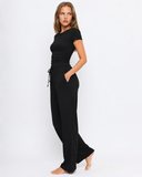 Lynda | Women's Crew Neck Short Sleeve Pajama Set with Drawstring Wide Leg Pants
