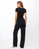 Lynda | Women's Crew Neck Short Sleeve Pajama Set with Drawstring Wide Leg Pants